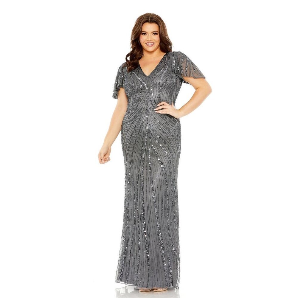 NWT Mac Duggal Flutter Sleeve Embellished Dress Pewter 16W